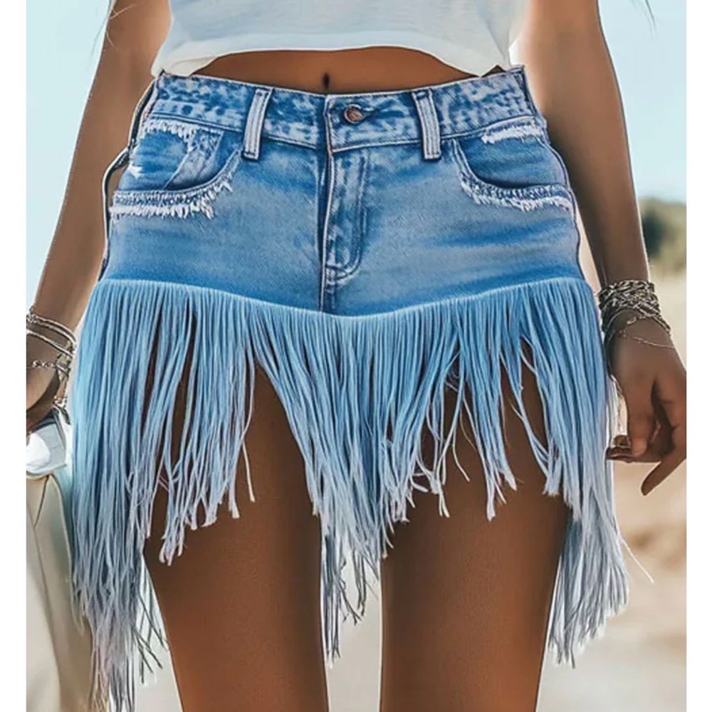 Fringed Light Blue Denim Jean Shorts for Women